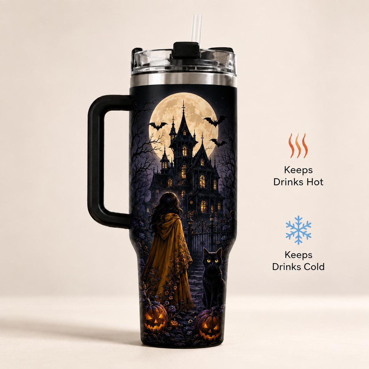 Haunted House Halloween 40oz Stainless Steel Insulated Tumbler with Handle and Straw, Black Cat Pumpkin Moon Bat Printed Travel Cup, Spooky Gift for Women