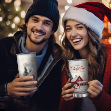 Festive Christmas ? LeKit Snowy Cottage Travel Mug ? 20 oz (590 ml) Double-Walled Stainless Steel ? Insulated Cup with Lid ? Perfect Holiday Gifts