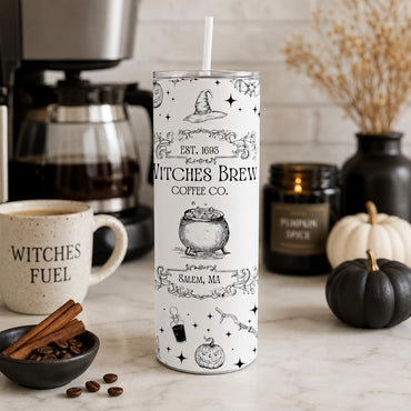 Witches Brew Coffee Co 20oz Slim Straight-Shape Double-Wall Stainless Steel Insulated Travel Tumbler with Straw, Halloween Art Witchy Cauldron Drinkware, Travel Gift for Women