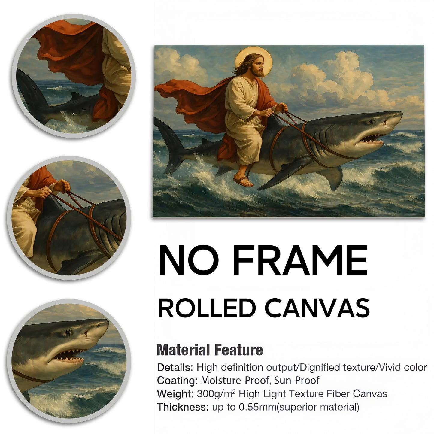 Epic Jesus Riding T-Rex & Shark Canvas Wall Art - Funny Parody Oil Painting Style Print (Ready to Hang)