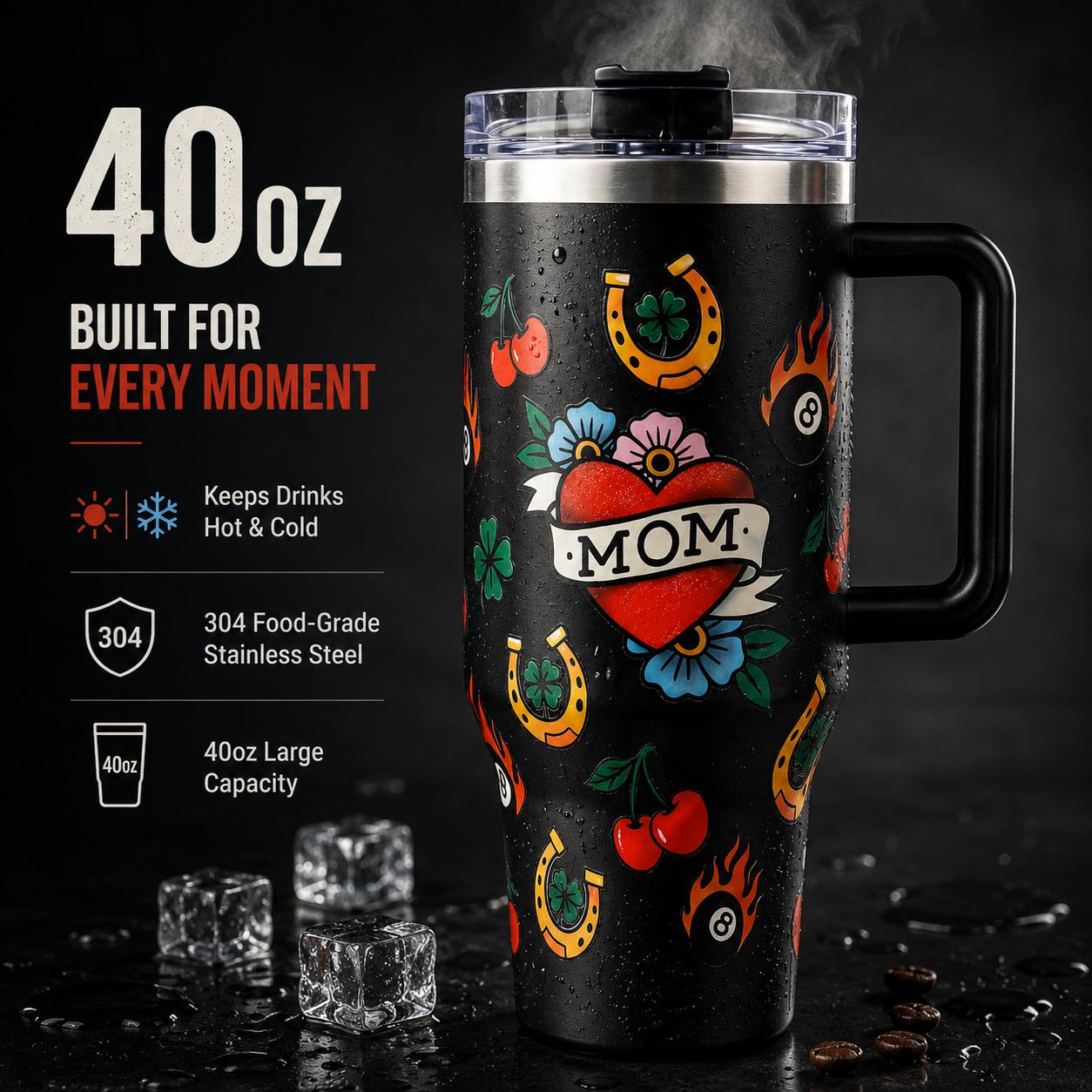 Aesthetic Mom Heart Tattoo 40oz Portable Reusable Coffee Flask With Handle - Vacuum Insulated, Keeps Hot 12 Hrs/Cold 24 Hrs - Unique Mother's Day Gift, Flasks, Insulation