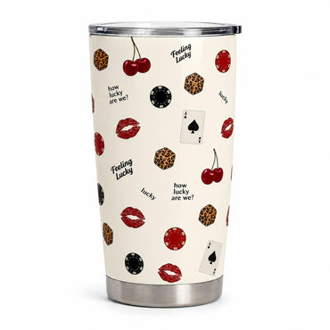 Lucky Girl Casino Insulated Stainless Steel Flask - 40oz/20oz Stylish Coffee Mug with Handle, Straw, Leak-Proof Retro Dice, Playing Card, Red Lips Prints, Trendy Gift for Her, Flasks, Modern