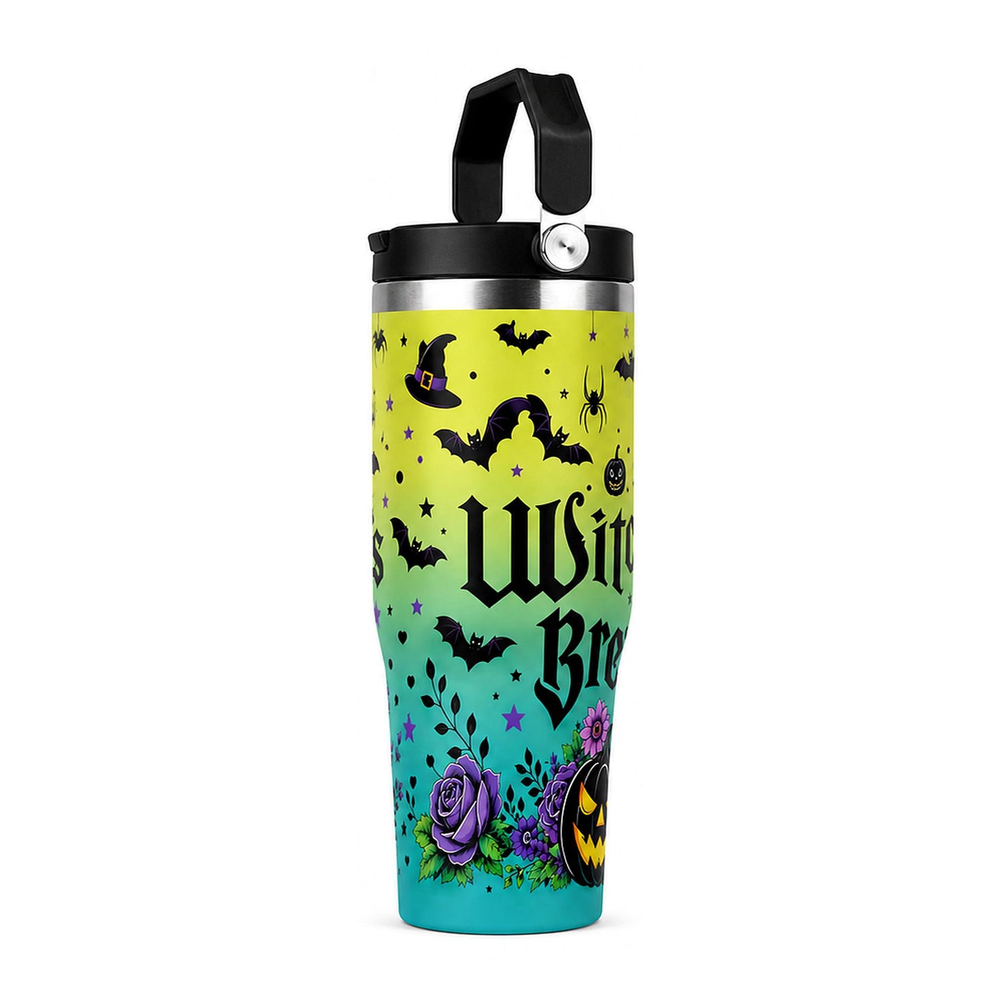 30oz Cylindrical Halloween Witch Brew Tumbler with Handle, Lid & Straw - Stainless Steel Insulated Portable Vacuum Flask, Colorful Bat Pumpkin Witch Print Coffee Cup, Spooky Season Halloween Gift for Women, Flasks, Cylindrical Tumbler, Insulated Mug
