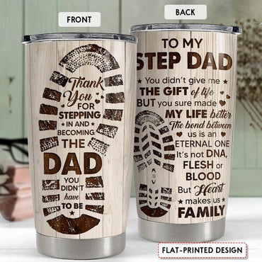 Step Dad Appreciation artwork on 20oz insulated tumbler, front and back product view