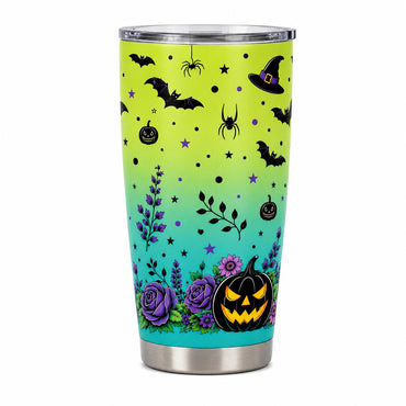 Stylish 20oz Stainless Steel Insulated Flask - Portable Halloween Pumpkin Bat Water Bottle with Lid, Spooky Floral Leakproof Hot-Cold Drinkware Gift for Women, Flasks