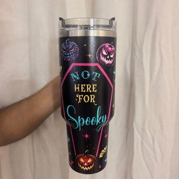40oz Stainless Steel Insulated Halloween Pumpkin Tumbler with Handle, Straw, Lid, Aesthetic Spooky Bat Witch Hat Prints - Coffee Flask with Strong Insulation, Halloween Gift for Women