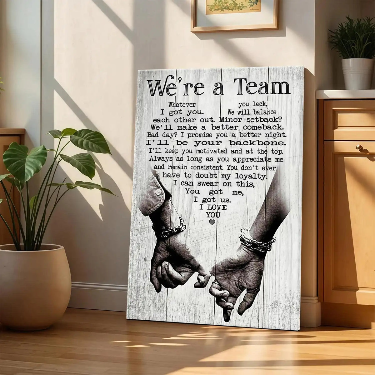 We're a Team black-and-white pinky-promise quote canvas wall art, additional product view 9 with typography styling