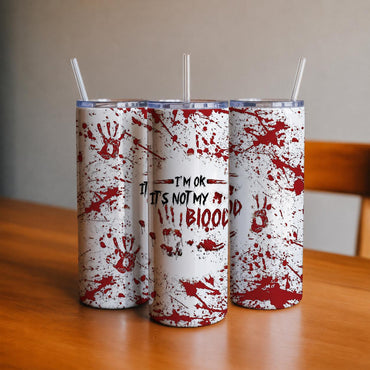 Halloween Blood Splatter 20oz Skinny Tumbler with Straw, Dark Humor Stainless Steel Insulated Travel Cup, Spooky Horror Drinkware Gift for Women Men