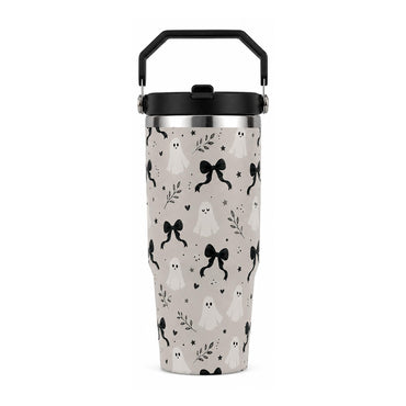 Women's 30oz Cylindrical Halloween Stainless Steel Insulated Flask - Handle, Lid, Straw, Cute Ghost & Black Bow Print, Single Unit Travel Insulated Mug, Fall Spooky Season Gift, Flasks, Cylindrical Tumbler