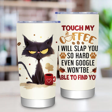 20oz Printed Vacuum Insulated Stainless Steel Flask - Portable Cat Lover Gift with Lid, "Touch My Coffee I Will Slap You" Sarcastic Quote, Ink-Designed Office Birthday Gag Drinkware for Women, Flasks