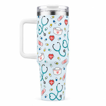 40oz Stainless Steel Insulated Nurse Tumbler with Handle, Straw, Lid, Reusable Vacuum Flask for Coffee, Stethoscope-Bandage-Pill-Heartbeat Print Travel Cup, Nurse Gift, Flasks