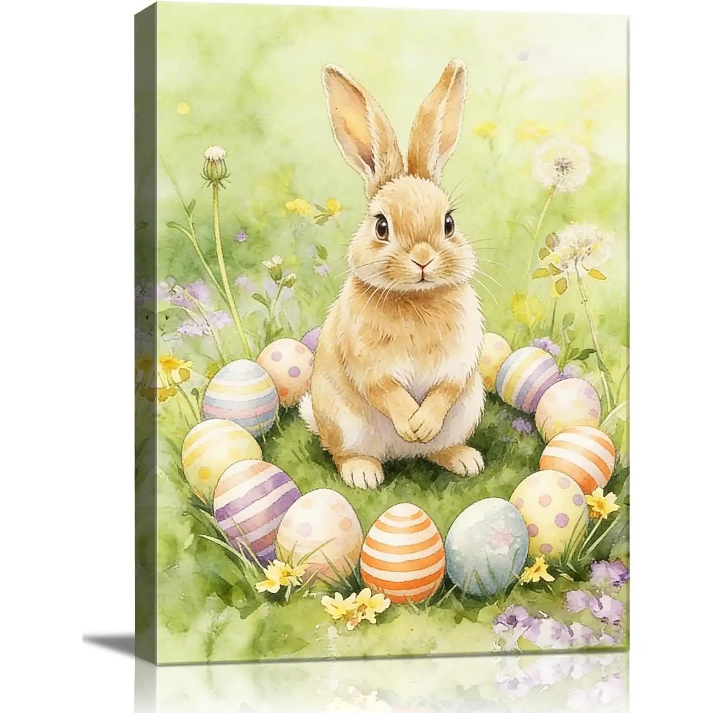 White Easter bunny with a decorated egg in a spring meadow canvas wall art, additional product view 4 with contemporary