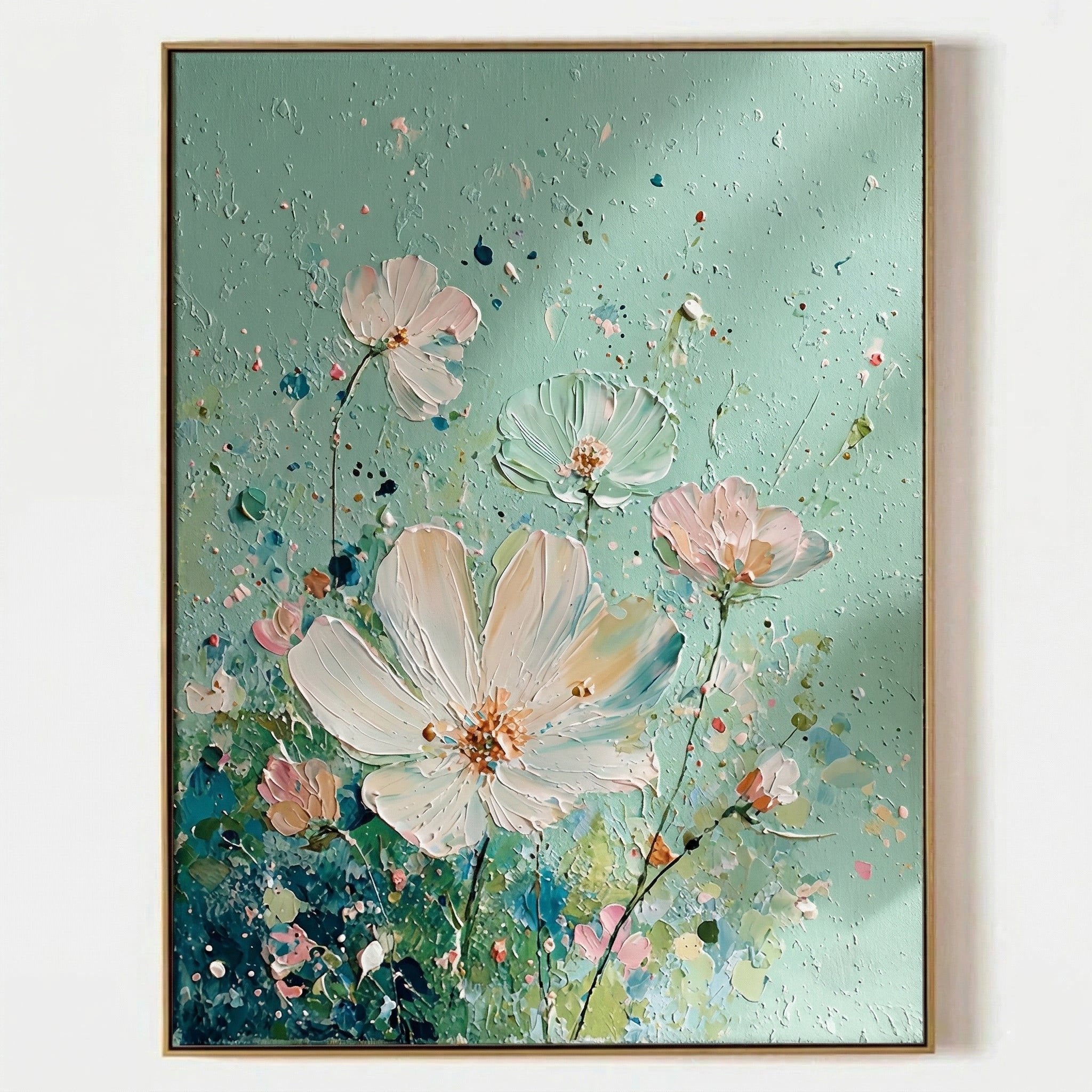 3D Heavy Texture Sage Green Floral Oil Painting - Mint Breeze