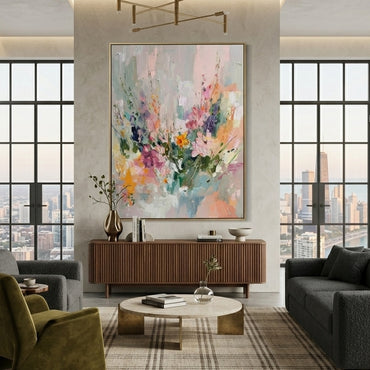 Large 3D heavy texture pink and sage green floral abstract oil painting "Pastel Meadow" with sculptural impasto petals.