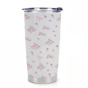 20oz Insulated Stainless Steel Coquette Aesthetic Flask - Portable Travel Mug with Lid, Pink Bows-Roses Pattern, Soft Girl Balletcore Style, Ribbon Design, Coffee-Tea Cup, Viral TikTok Gift for Teen Girls, Flasks