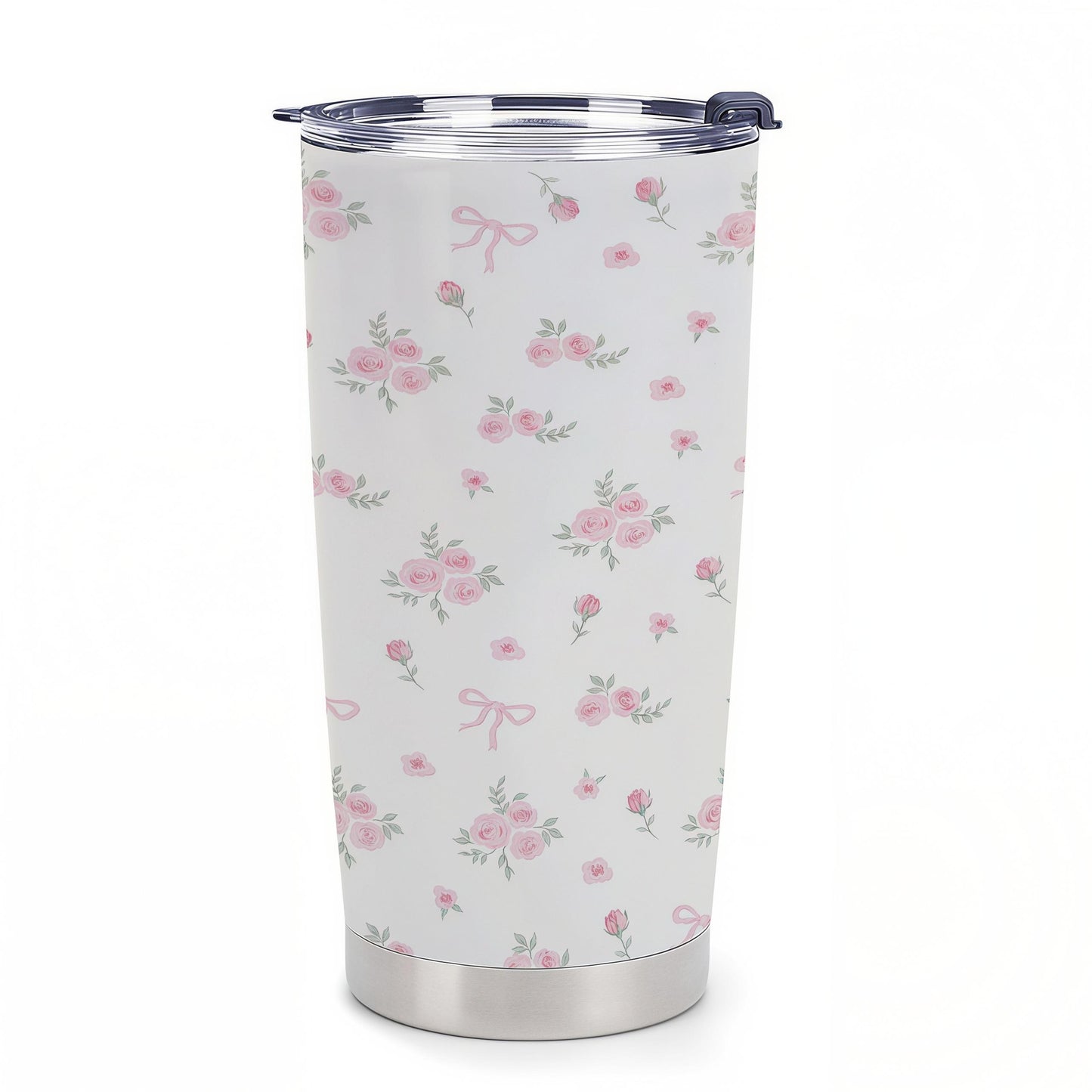 20oz Insulated Stainless Steel Coquette Aesthetic Flask - Portable Travel Mug with Lid, Pink Bows-Roses Pattern, Soft Girl Balletcore Style, Ribbon Design, Coffee-Tea Cup, Viral TikTok Gift for Teen Girls, Flasks