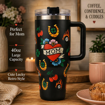 Aesthetic Mom Heart Tattoo 40oz Portable Reusable Coffee Flask With Handle - Vacuum Insulated, Keeps Hot 12 Hrs/Cold 24 Hrs - Unique Mother's Day Gift, Flasks, Insulation