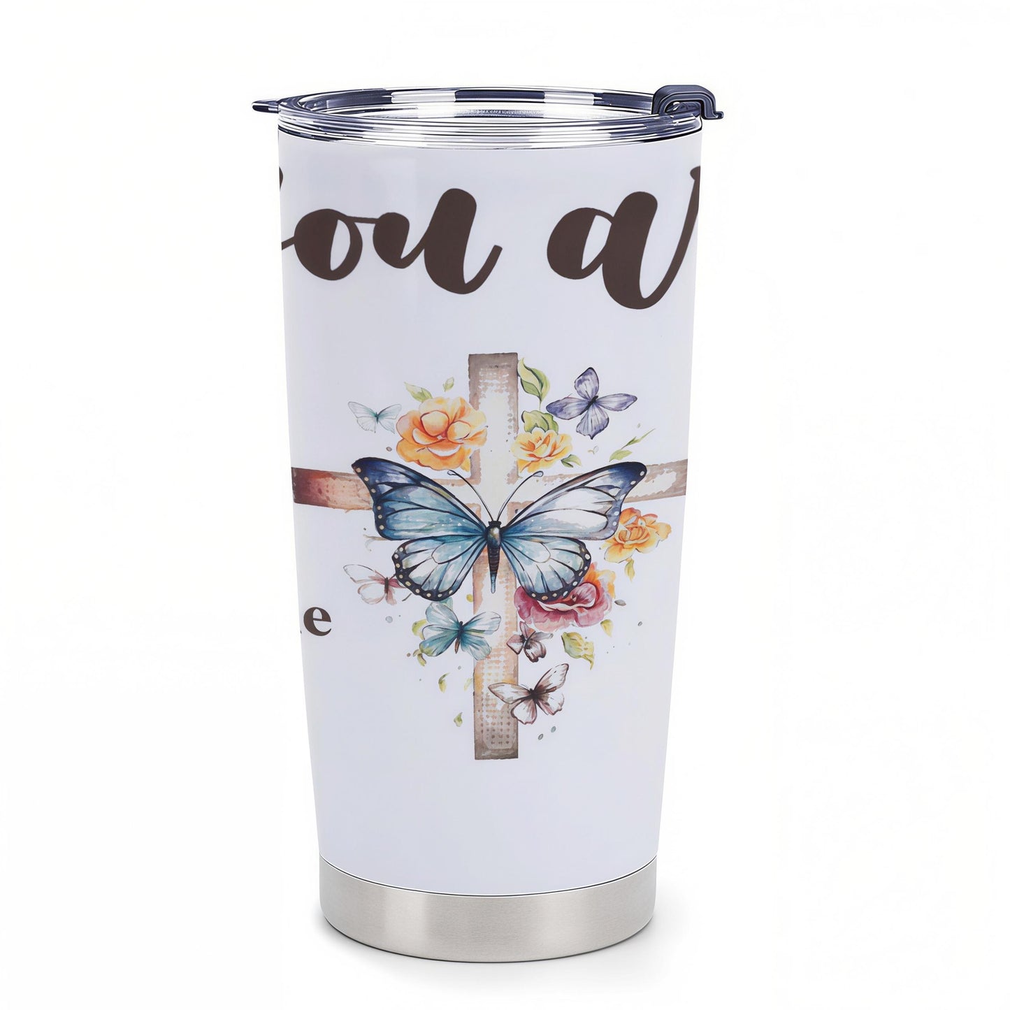 20oz Insulated Printed Ink Watercolor Floral Cross Stainless Steel Flask - Portable Christian Mom Gift, Religious Faith Butterfly Travel Mug, Inspirational Kitchenware Drinkware Present for Her, Flasks, Faithful Gift Idea, Food?Grade 18/8