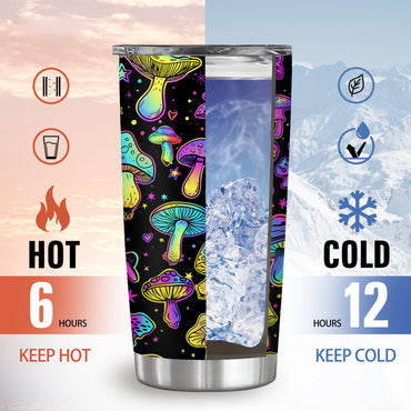 20oz Stainless Steel Tumbler with Lid - BPA-Free, Fluorescent Mushroom Pattern, Double-Wall Insulated, Leak-Proof, Machine-Washable Reusable Flask for Iced Tea, Coffee, Bottled Water; Ideal for Halloween, Valentine's Day Gifts, Flasks, Portable