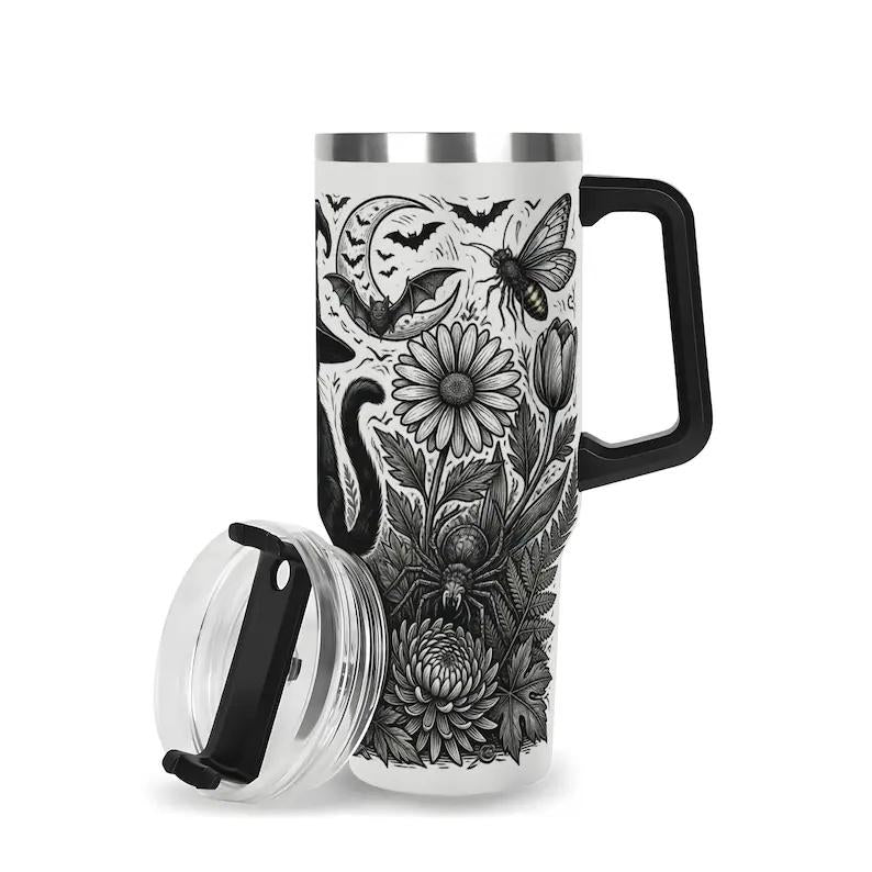 40oz Insulated Witchy Black Cat Stainless Steel Flask with Handle and Straw, Halloween Ghost-Pumpkin Floral Gothic Spooky Travel Coffee Mug, Flasks