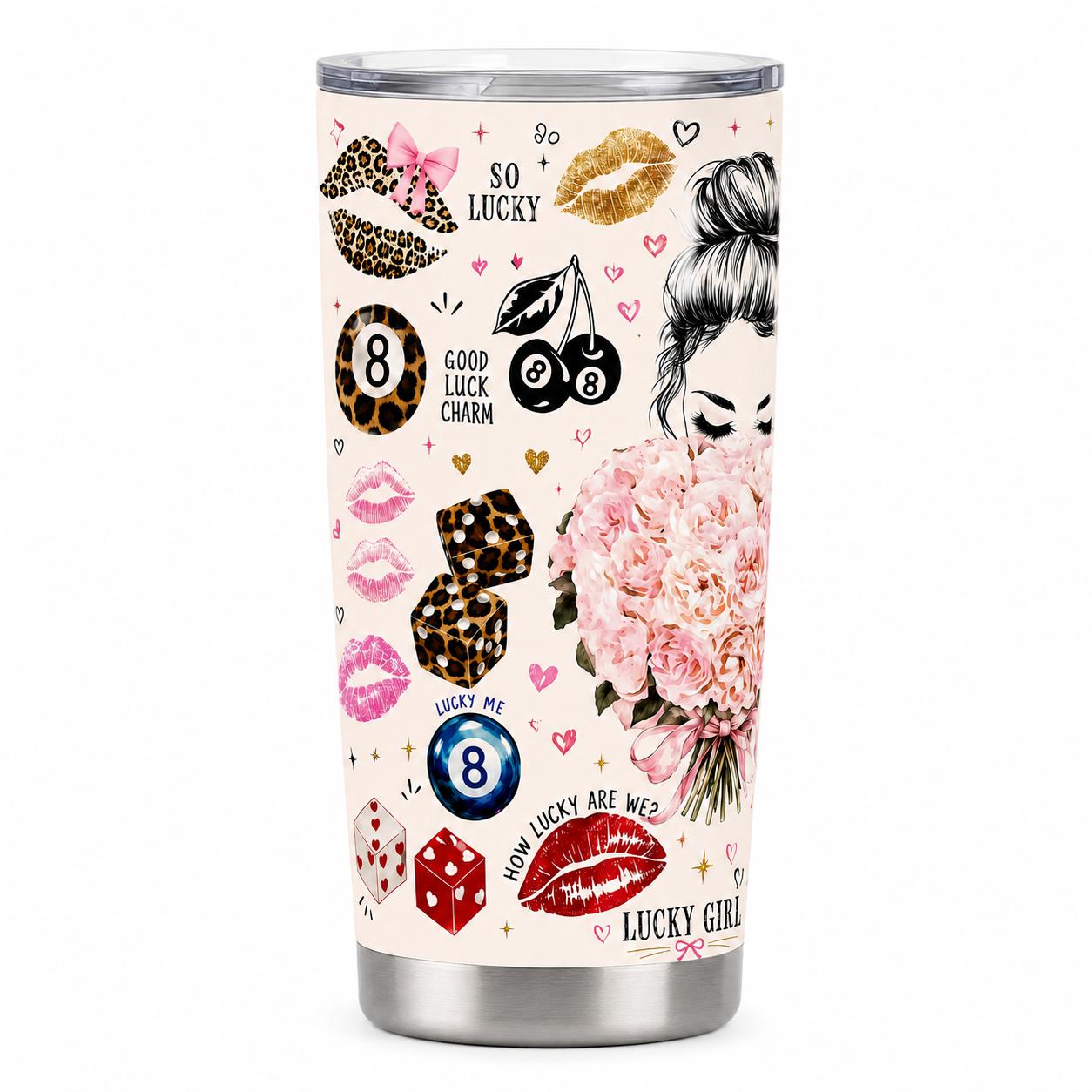 Stylish Portable Stainless Steel Insulated Tumbler Flasks (20oz, 40oz) with Lid, Pink Floral Leopard Lips & Lucky Charm Print, Travel Coffee Mug Gift for Women