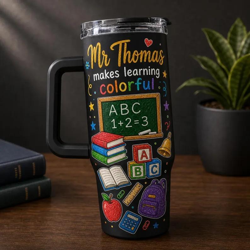40oz Stainless Steel Insulated Flask with Handle, Straw, Lid and Rainbow Chalkboard Print - Aesthetic Coffee Drinkware, Teacher Appreciation Back to School Gift for Colorful Learning
