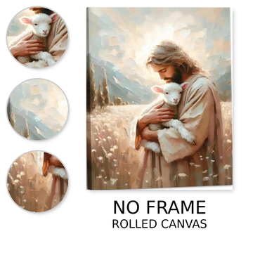 Jesus cradling a lamb in a sunlit meadow Canvas Wall Art – Christian & Faith Decor