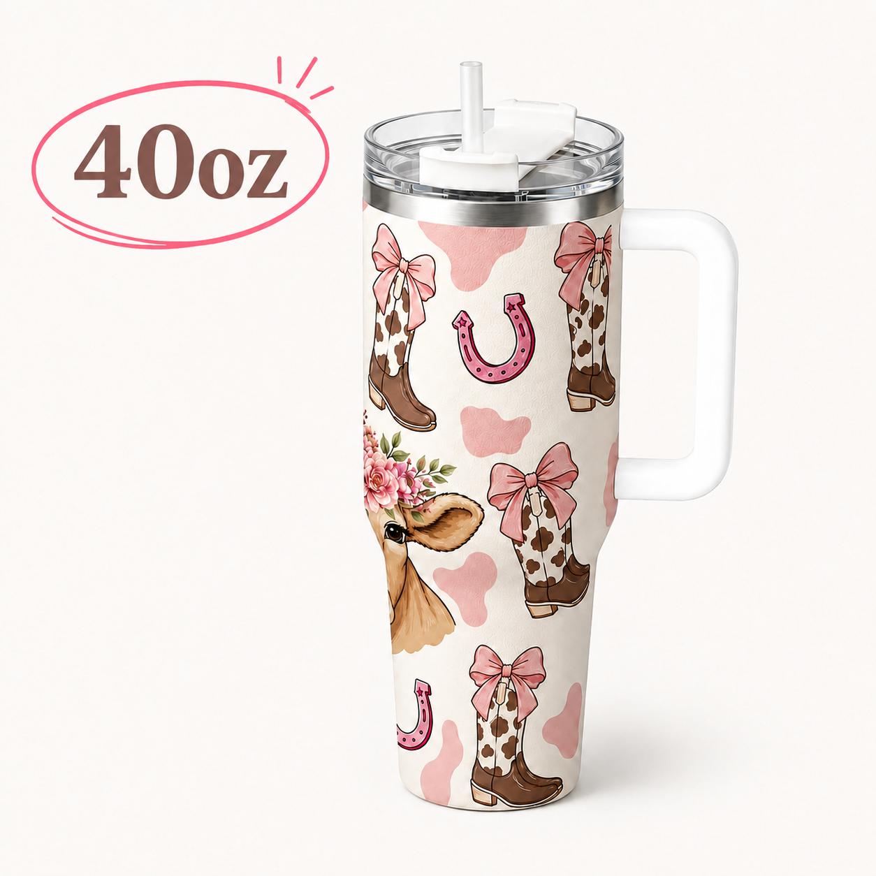 40oz Western Cowboy Insulated Tumbler, Bow & Boot Print, Double Wall Vacuum Flasks, Insulated Drinkware, Leak-Proof, 12h Hot, 24h Cold, Fashion Gift for Women