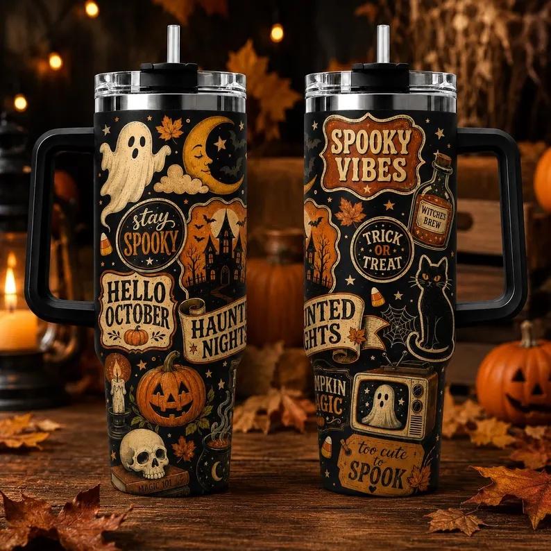 40oz Vintage Halloween Stainless Steel Insulated Flask - Industrial Flasks with Insulation, Leak-Proof, Handle, Straw, Lid, Haunted Print, Aesthetic Coffee Travel Cup, Spooky Kitchenware Gift
