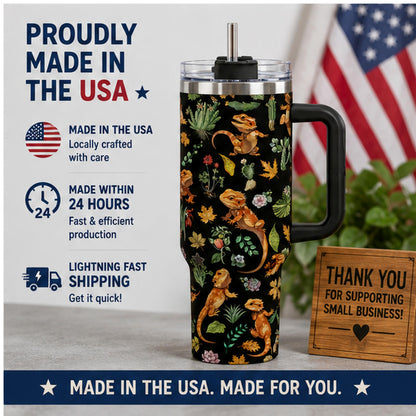 Cute Lizard 40oz Stainless Steel Insulated Tumbler with Handle and Straw, Funny Animal Plant Cactus Printed Travel Cup, Gift for Pet Lovers