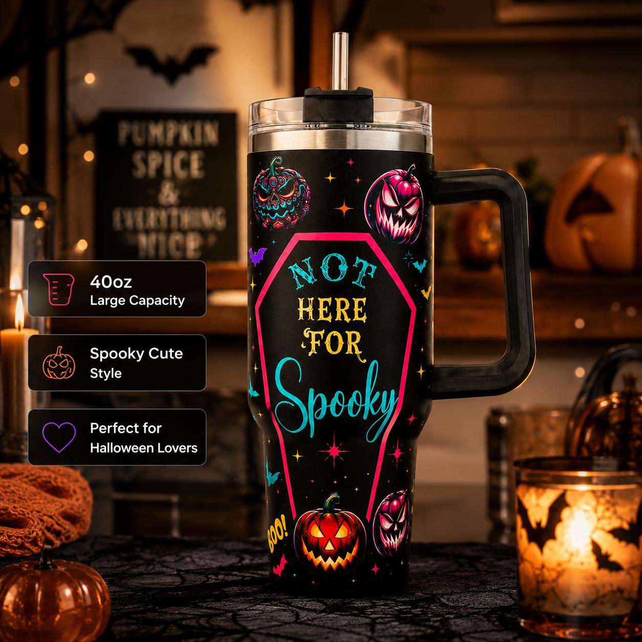 40oz Stainless Steel Insulated Halloween Pumpkin Tumbler with Handle, Straw, Lid, Aesthetic Spooky Bat Witch Hat Prints - Coffee Flask with Strong Insulation, Halloween Gift for Women