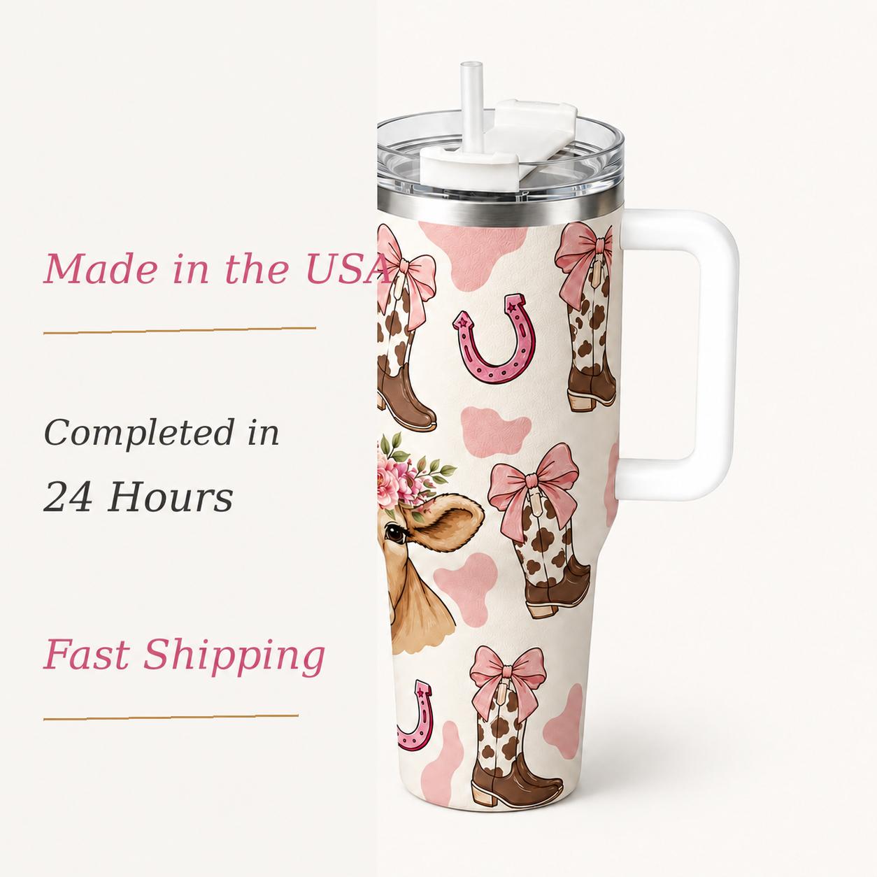 40oz Western Cowboy Insulated Tumbler, Bow & Boot Print, Double Wall Vacuum Flasks, Insulated Drinkware, Leak-Proof, 12h Hot, 24h Cold, Fashion Gift for Women