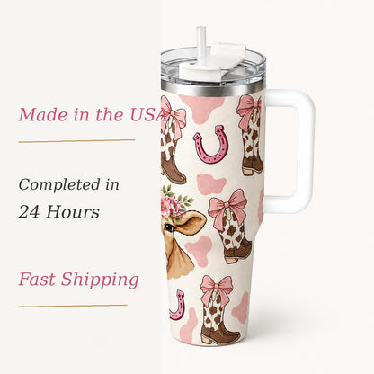 40oz Western Cowboy Insulated Tumbler, Bow & Boot Print, Double Wall Vacuum Flasks, Insulated Drinkware, Leak-Proof, 12h Hot, 24h Cold, Fashion Gift for Women
