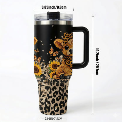 1 Pc 40oz Insulated Mug, Stainless Steel Insulated, Double Wall Vacuum Cup With Handle And Lid, Leak Proof Thermal Mug For Hot Cold Drinks, Keeps Hot 12 Hours Cold 24 Hours, Large Capacity Travel Mug, Leopard Highland Cow Design Gift Mug For Women Men