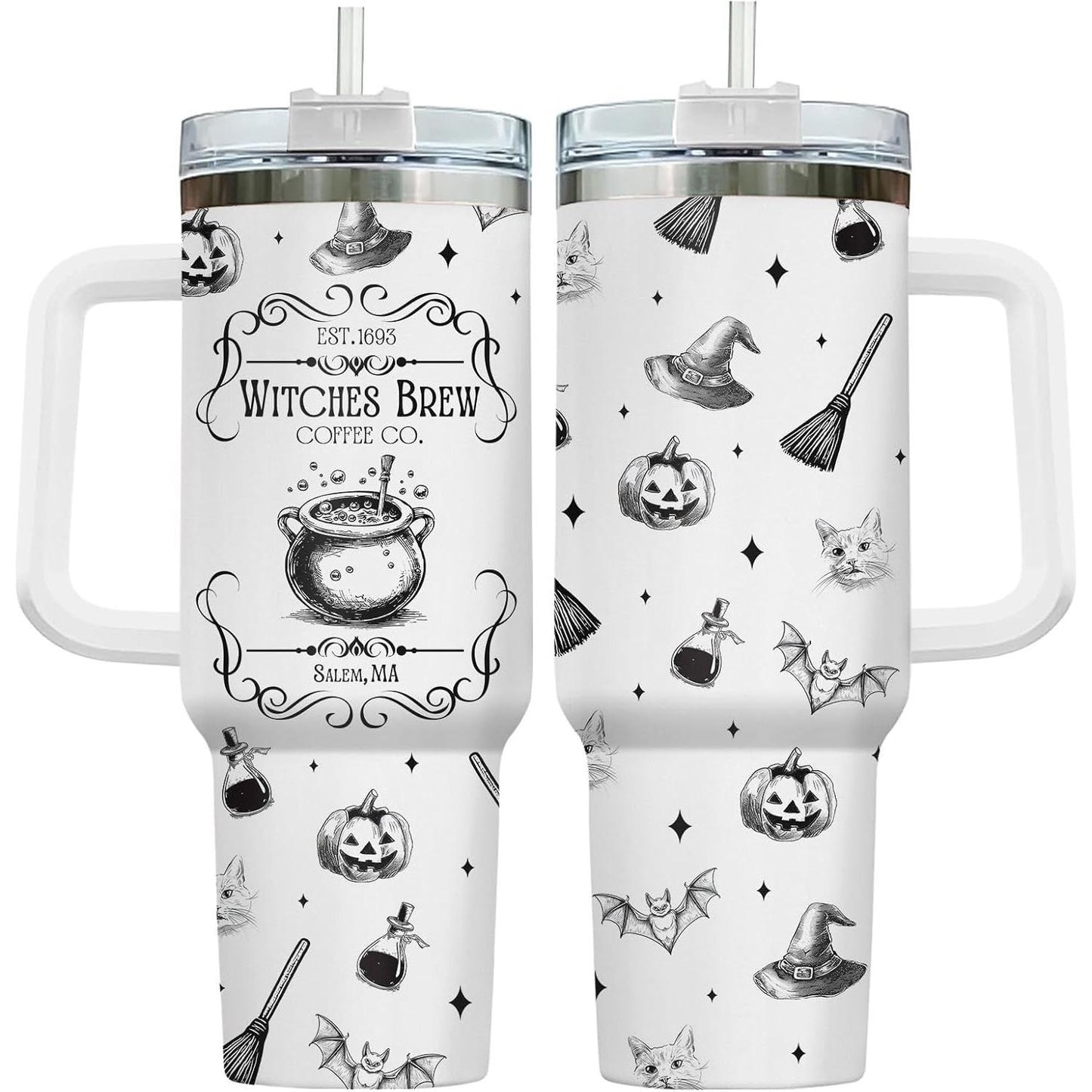 Witches Brew Coffee 40oz Stainless Steel Insulated Tumbler with Handle and Straw, Vintage Cauldron Potion Broom Pumpkin Bat Printed Travel Cup, Halloween Gift