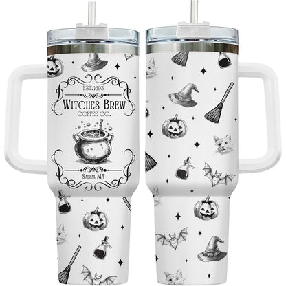 Witches Brew Coffee 40oz Stainless Steel Insulated Tumbler with Handle and Straw, Vintage Cauldron Potion Broom Pumpkin Bat Printed Travel Cup, Halloween Gift
