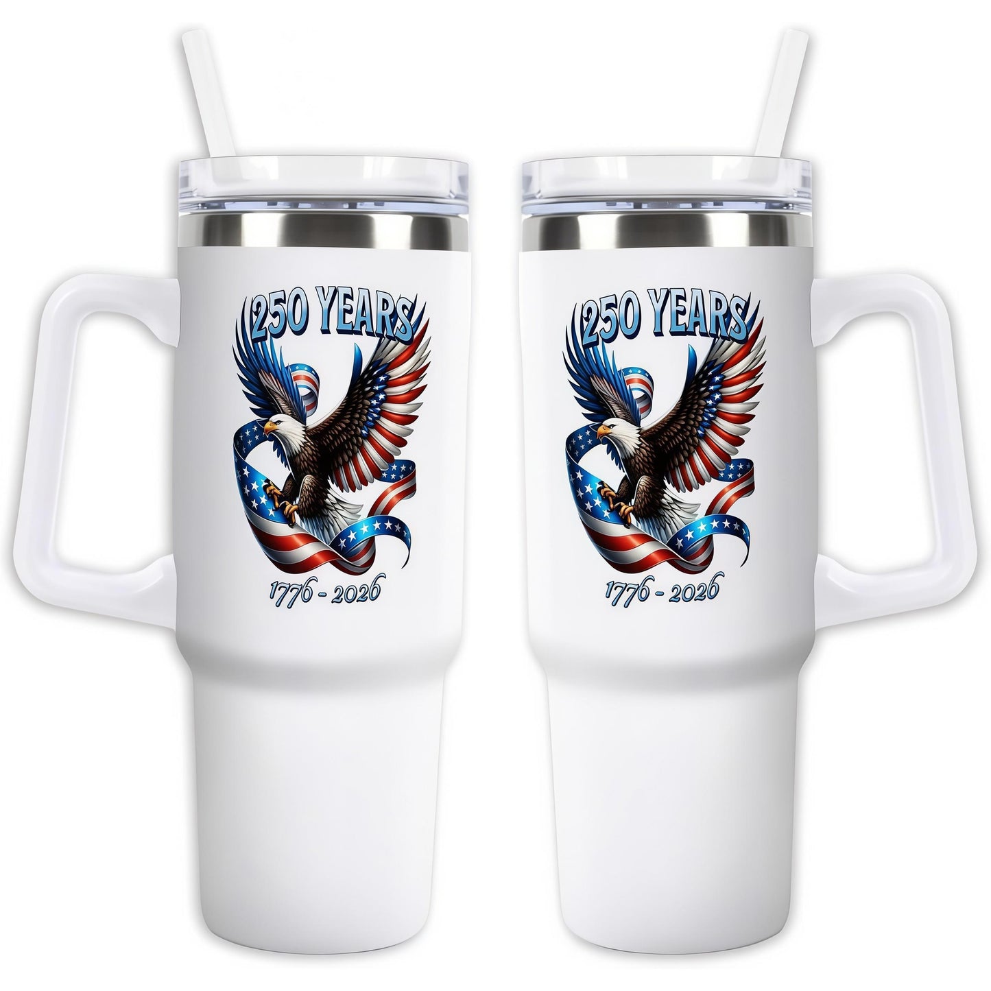 250 Years Patriotic 1776-2026 American Eagle 40oz Tumbler with Handle, Insulated Stainless Steel Water Cup for 4th of July, Cup Holder Friendly Travel Cup for Iced Coffee