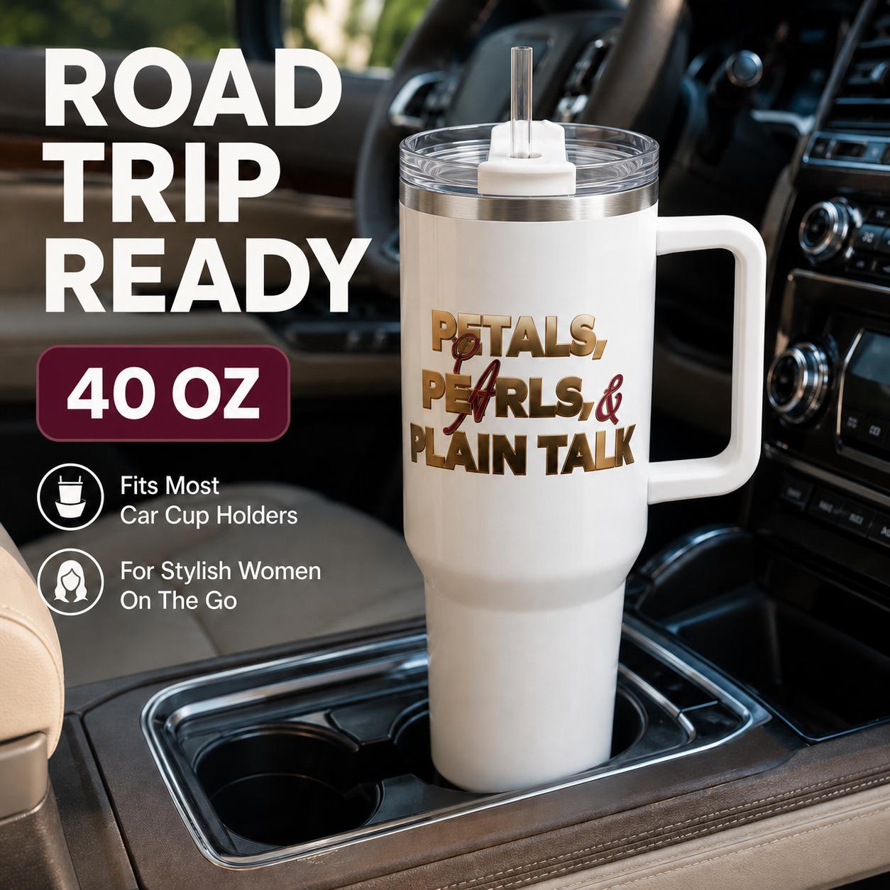 Women's 40 oz Aesthetic Reusable Stainless Steel Vacuum Flask Tumbler with Handle, Straw, Lid, Petals-Pearls-Plain Talk Print, Coffee Insulation, Friendship Gift, Flasks