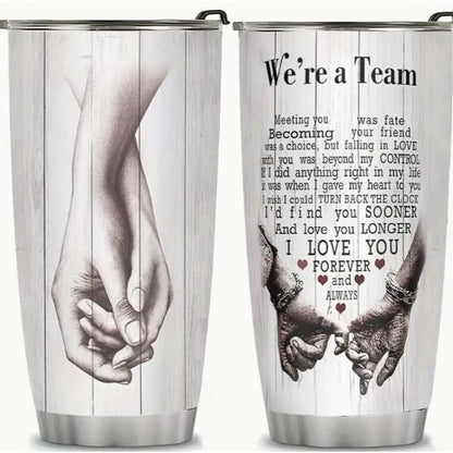 20oz Insulated Stainless Steel Flask Mug with Lid - Romantic Couple Gift, "We're a Team" Holding Hands Sketch for Husband-Wife, Coffee Drinkware, Flasks