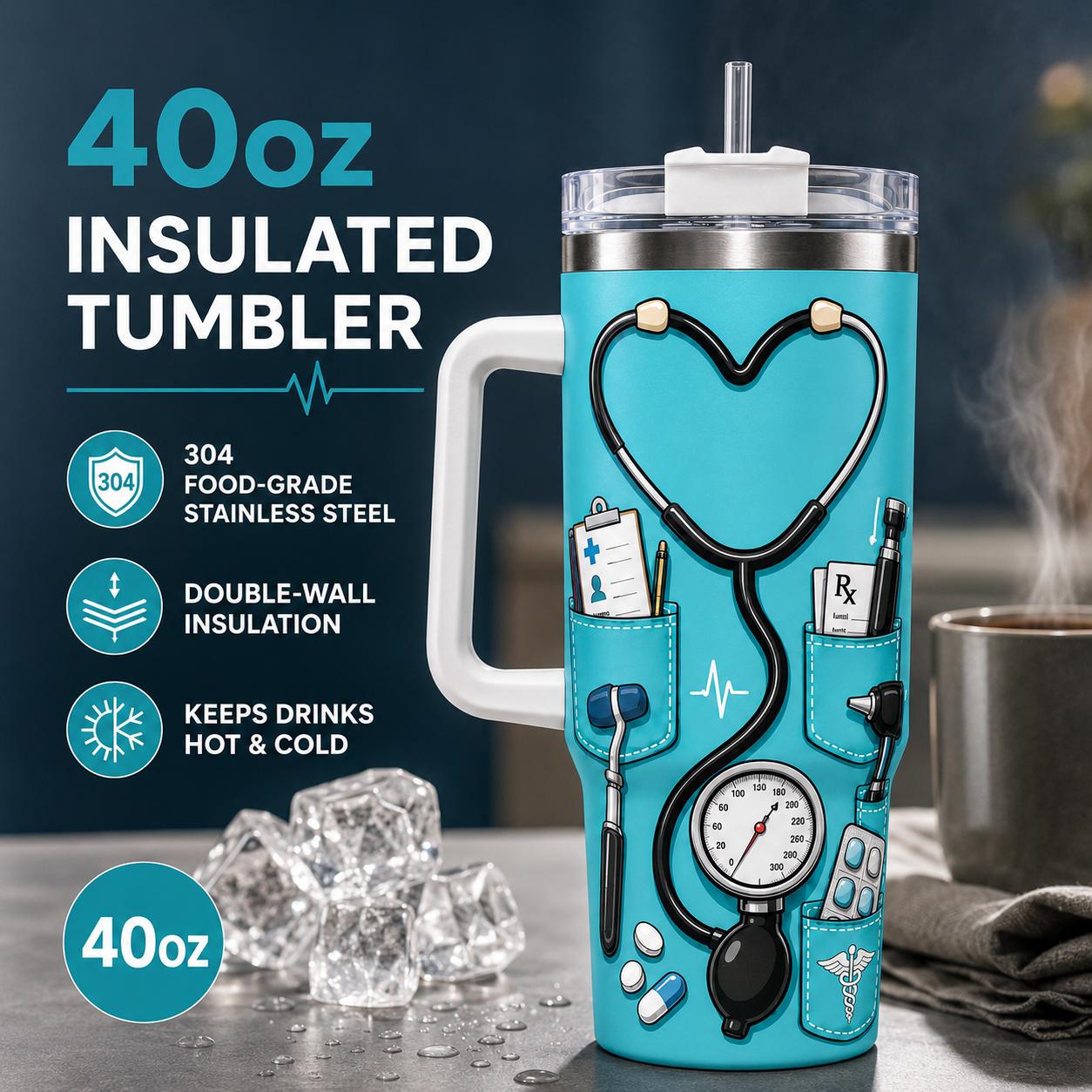 Doctor 40oz Stainless Steel Insulated Tumbler with Handle and Straw, Stethoscope Medical Tools Nutrition Facts Printed Travel Cup, Gift for Doctors