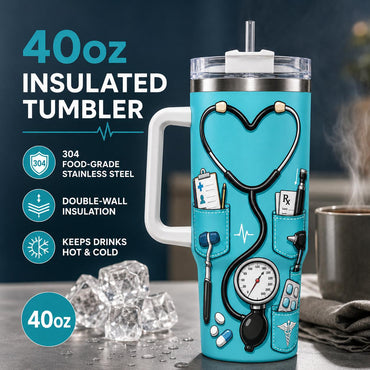 Doctor 40oz Stainless Steel Insulated Tumbler with Handle and Straw, Stethoscope Medical Tools Nutrition Facts Printed Travel Cup, Gift for Doctors