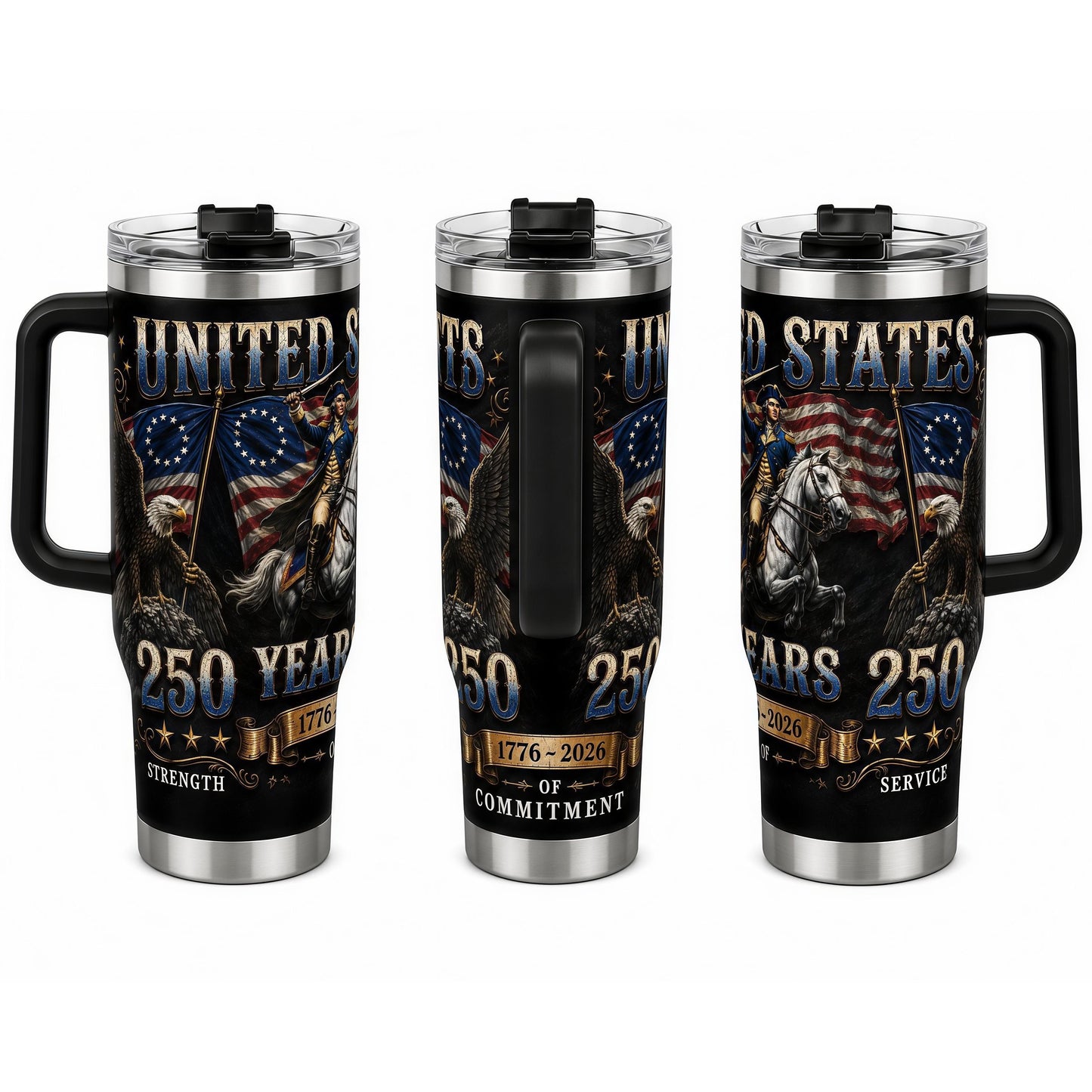 United States 250 Years 1776-2026 Patriotic 40oz Tumbler with Handle, George Washington American Eagle Insulated Water Cup for 4th of July, Cup Holder Friendly Travel Cup