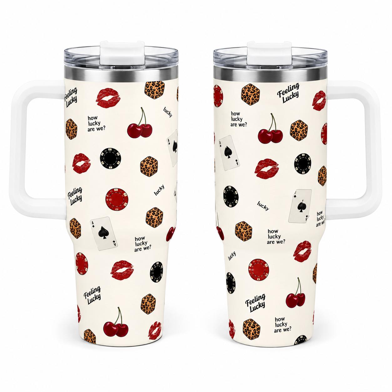 Lucky Girl Casino Insulated Stainless Steel Flask - 40oz/20oz Stylish Coffee Mug with Handle, Straw, Leak-Proof Retro Dice, Playing Card, Red Lips Prints, Trendy Gift for Her, Flasks, Modern