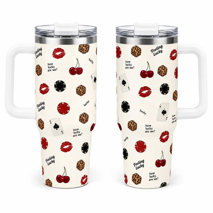 Lucky Girl Casino Insulated Stainless Steel Flask - 40oz/20oz Stylish Coffee Mug with Handle, Straw, Leak-Proof Retro Dice, Playing Card, Red Lips Prints, Trendy Gift for Her, Flasks, Modern