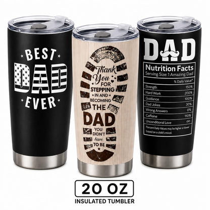 Dad Appreciation artwork on 20oz insulated tumbler, front and back product view