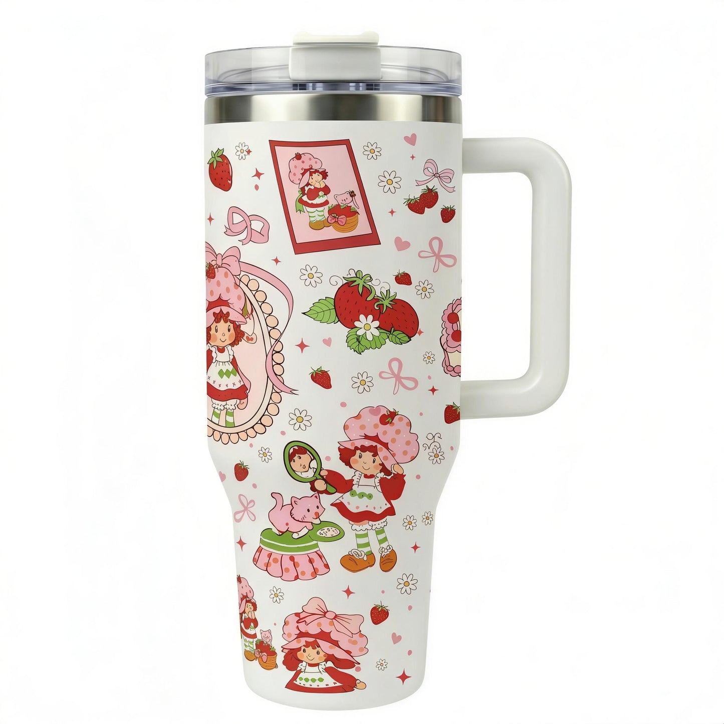 40oz Strawberry Girl Insulated Tumbler - Portable Stainless Steel Vacuum Flask, Coffee/Water Bottle with Handle & Straw, 12H Hot/24H Cold Retention, Large Reusable Mother's Day Gift for Mom, Flasks