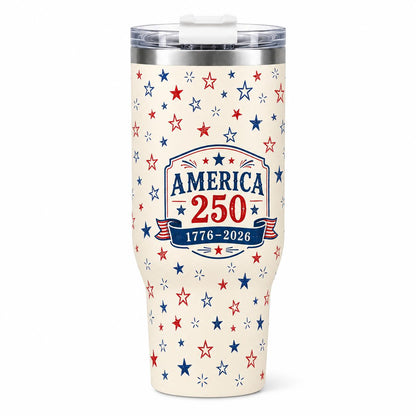 America 250 Retro 40 oz Insulated Stainless Steel Flask with Handle, Straw, Lid & Reusable Aesthetic Vintage 1776-2026 Patriotic Star Pattern Travel Mug, Car Cup Holder Friendly for 4th of July, Flasks, Insulation