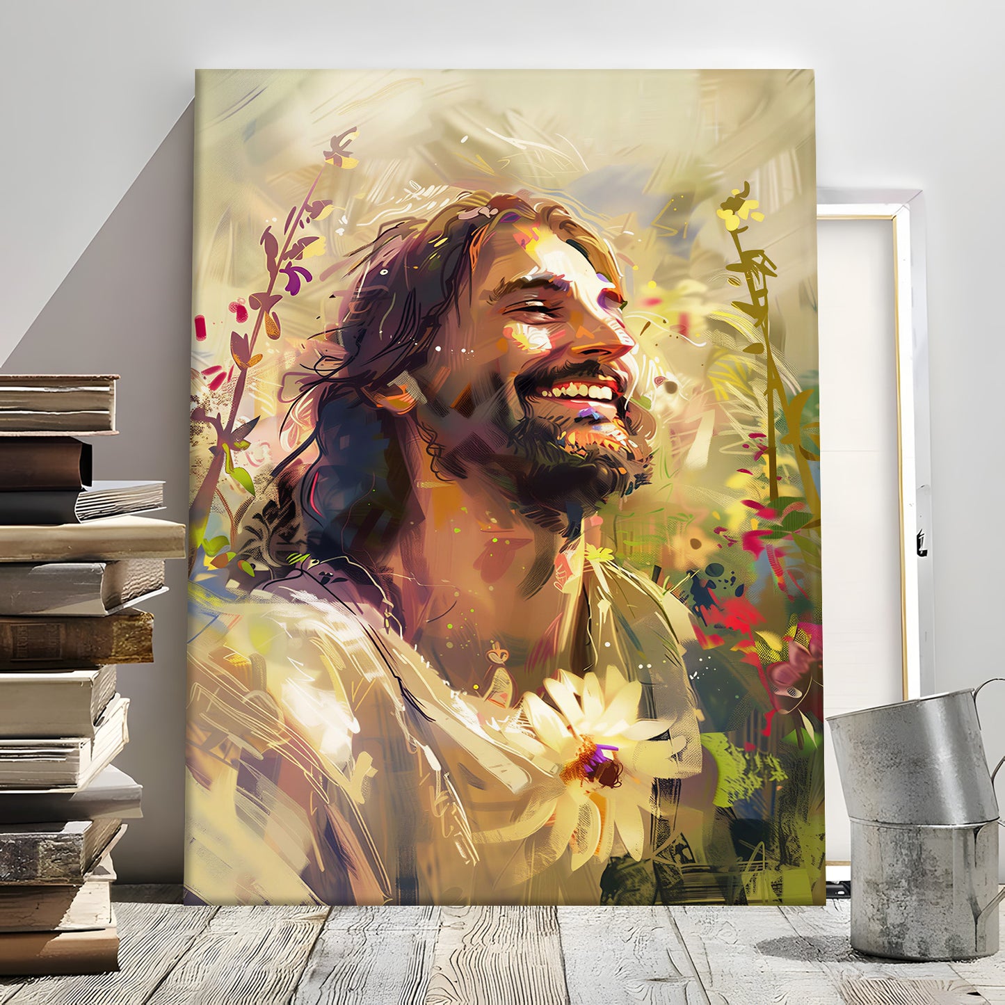 Smiling Jesus Canvas Wall Art - Joyful Laughing Christ Portrait - Heartwarming Christian Home Decor