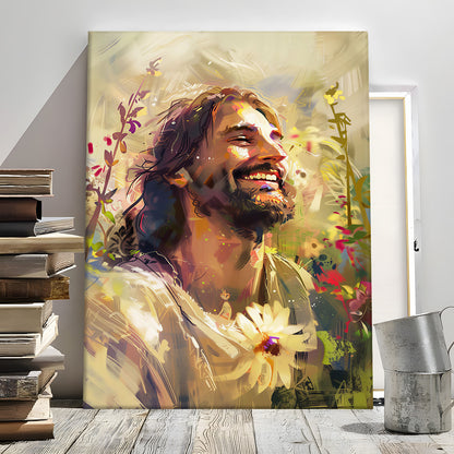 Smiling Jesus Canvas Wall Art - Joyful Laughing Christ Portrait - Heartwarming Christian Home Decor