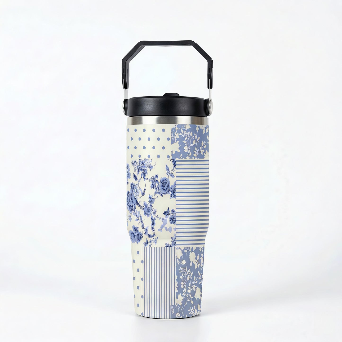 30oz Blue Floral Aesthetic Insulated Tumbler Flask - Wide Mouth Stainless Steel Coffee Mug Water Bottle, Vintage Pattern Travel Cup with Reusable Straw, Eco-Friendly, Cup Holder Friendly Base, Stylish Gift for Moms, Flasks, Water Bottles
